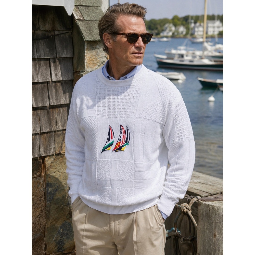 Players‎ by Van Heusen Vintage White Cotton Sailboat Embroidered Sweater Mens L